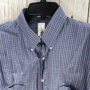 Men Button Up Shirt Size L Blue Brown Plaid Long Sleeves 100% Cotton Preppy